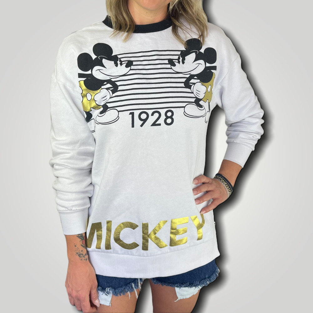 Retro Disney Mickey Mouse 1928 Graphic Sweatshirt Size Small White Black Gold - Picture 1 of 2